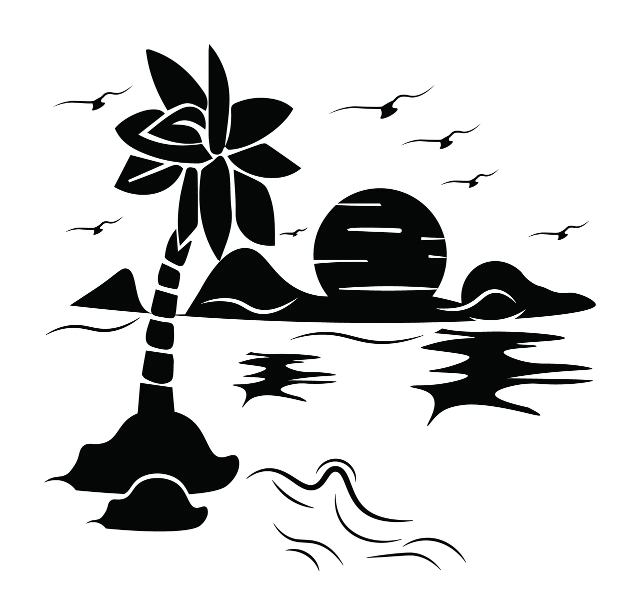 Palm Tree Island Sunset Scene sun birds islands water silhouette