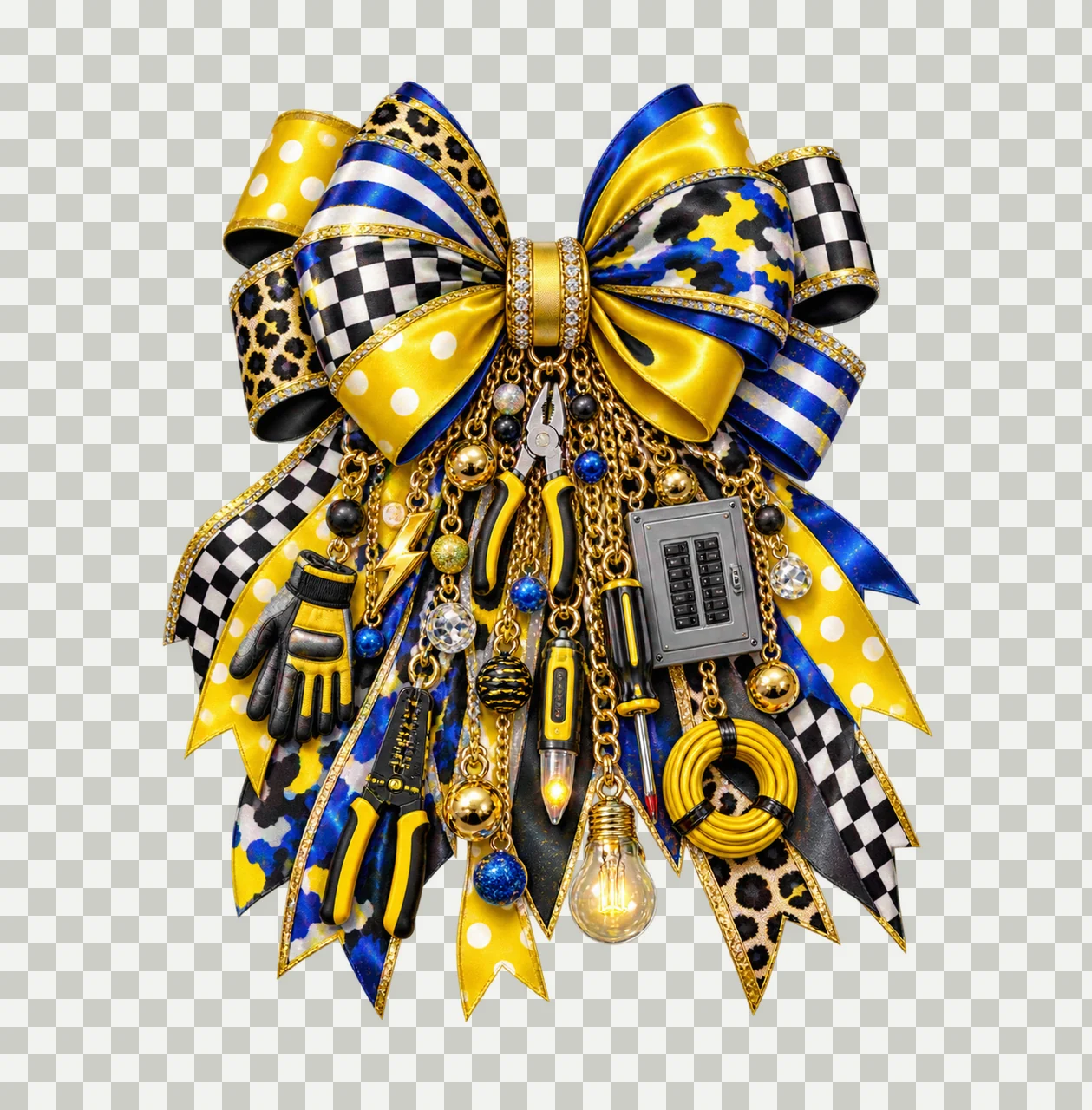 Electrician Bow Charm PNG, Themed Gold Chain Charms, Coquette Ribbon Sublimation Design, Transparent Digital Download transparency and detail preview thumbnail