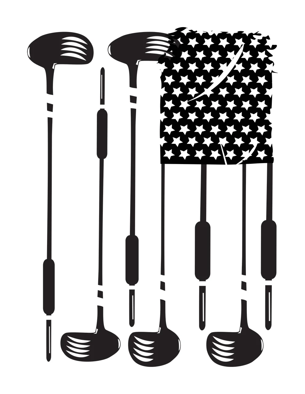 Golf Flag Design with Several Clubs Arranged Vertically Next to a Rectangular Star Pattern Section Black and White Silhouette