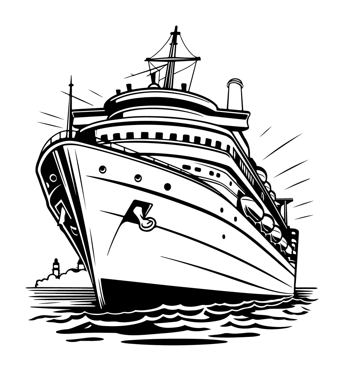 Cruise Ship Sailing On Waves Illustration sail black and white line
