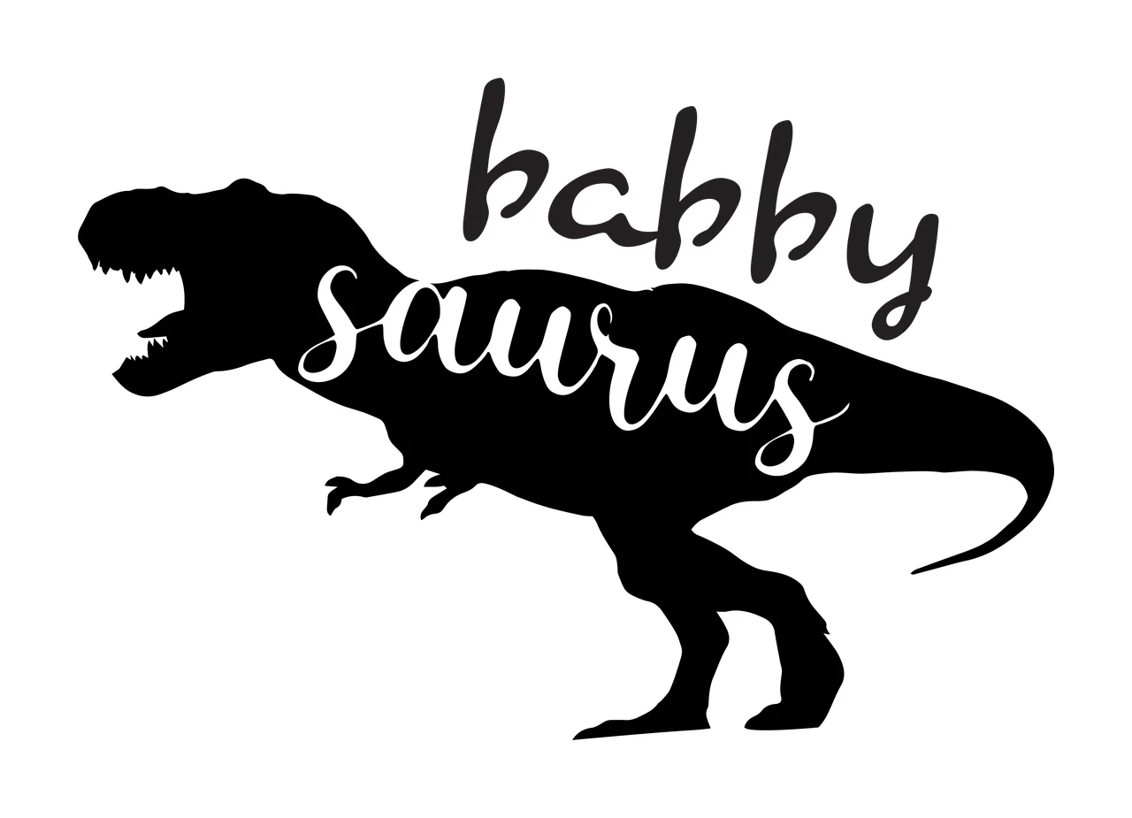 Babby saurus dinosaur silhouette Design with T-Rex silhouette, handwritten text and typography in black and white