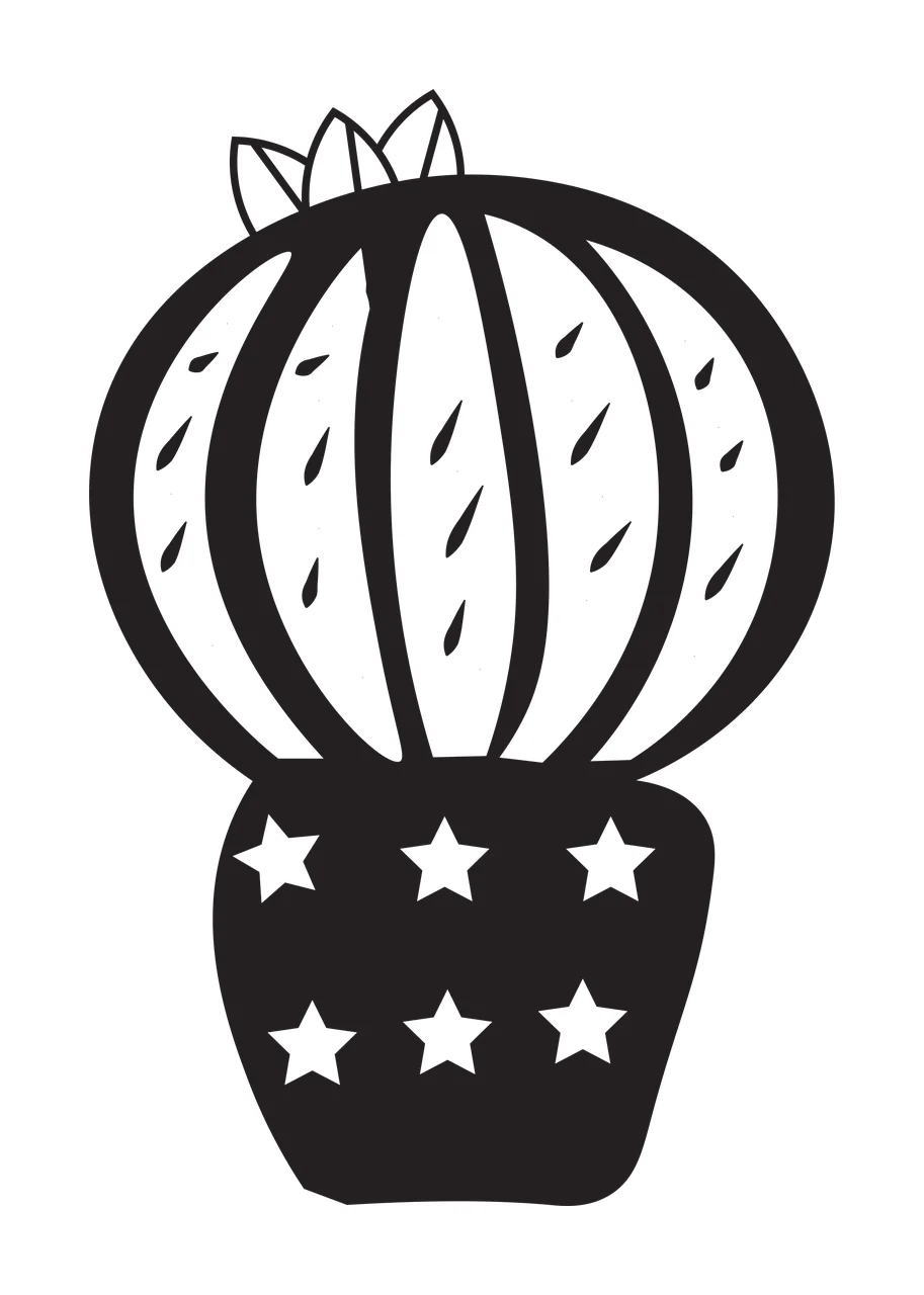 Line Art Illustration of Stylized cactus in a pot with star cutouts with black cactus with vertical ridges and small spines, white star cutouts on black pot and three-leaf crown on top of cactus