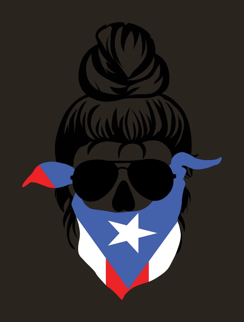 Skull with messy hair bun Illustration with aviator sunglasses, bandana, puerto rican flag and star in black, white and blue contrast preview thumbnail