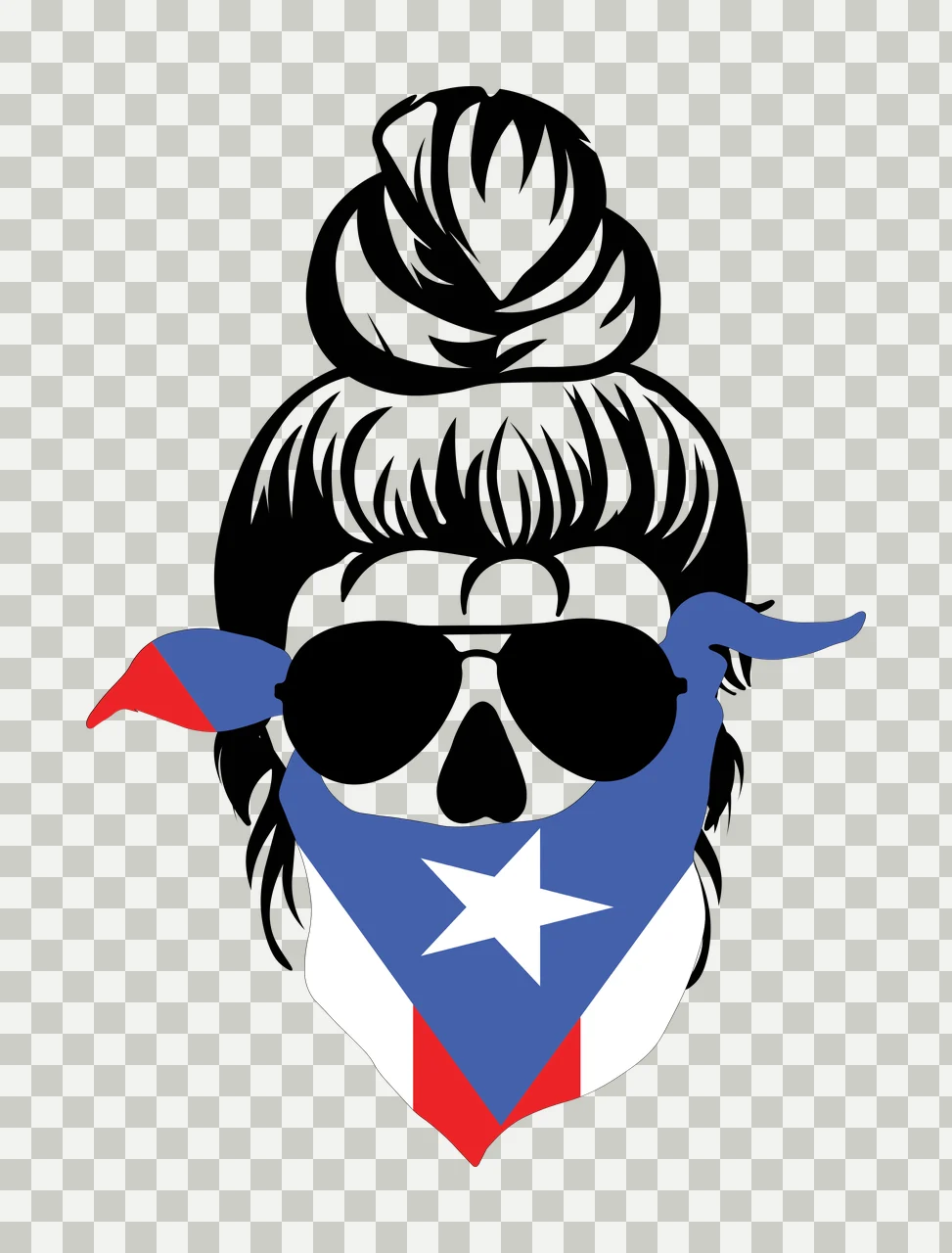 Skull with messy hair bun Illustration with aviator sunglasses, bandana, puerto rican flag and star in black, white and blue transparency and detail preview thumbnail