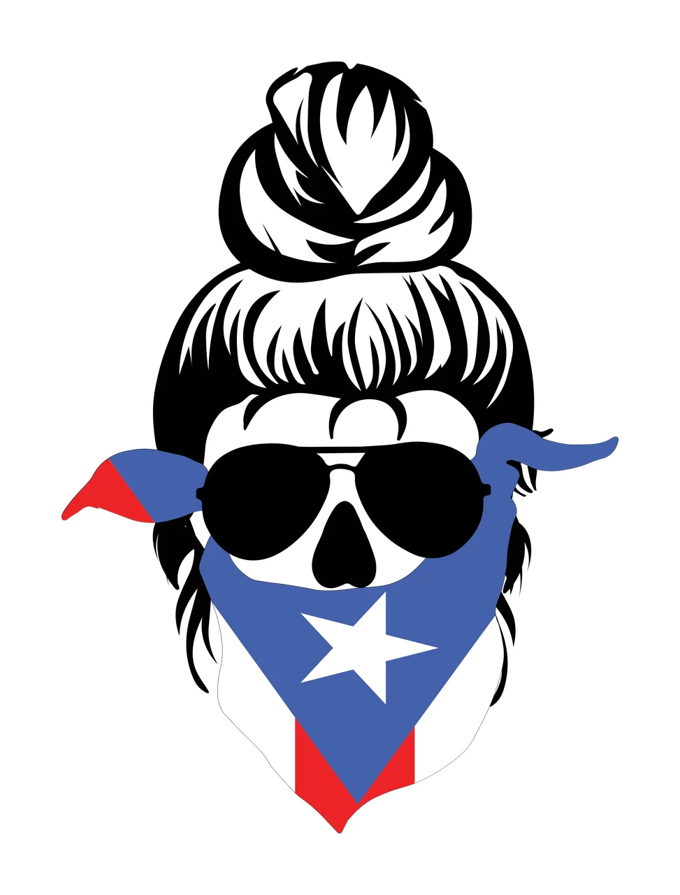 Skull with messy hair bun Illustration with aviator sunglasses, bandana, puerto rican flag and star in black, white and blue