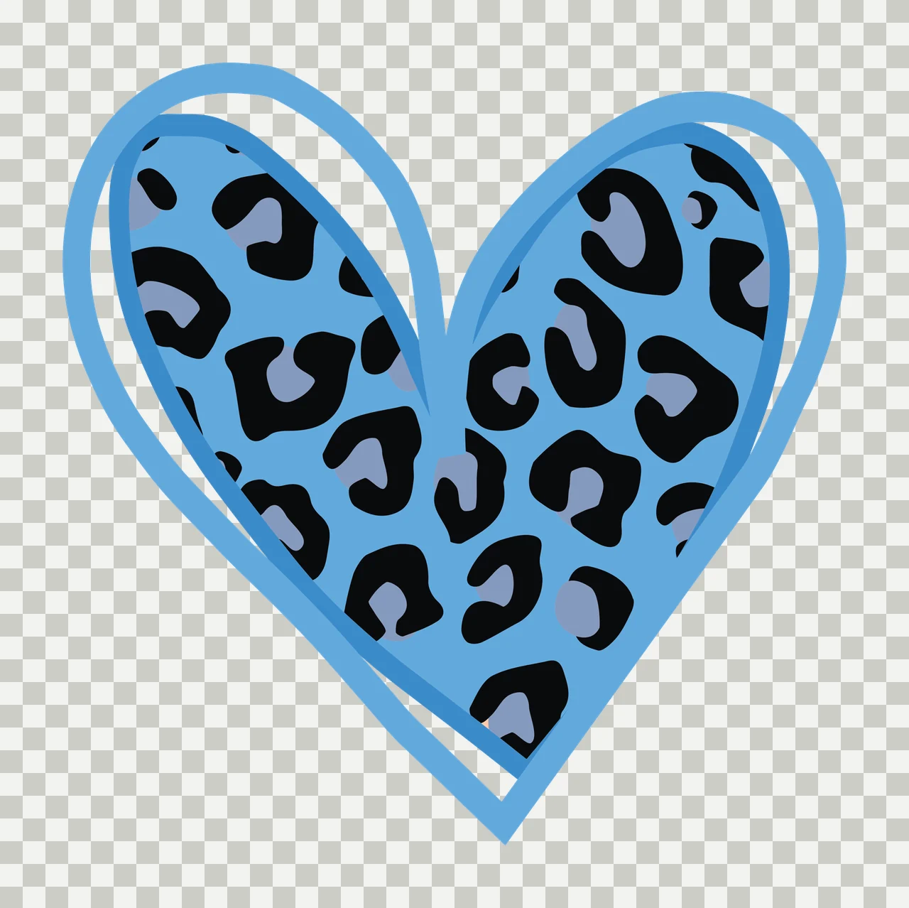 Heart-shaped design with leopard print with blue heart outline, black leopard spots and gray leopard spots transparency and detail preview thumbnail