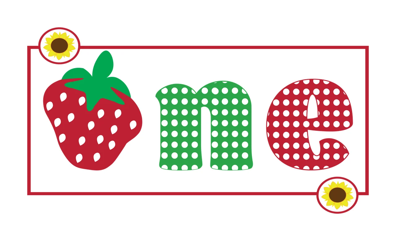 One Typography Design with strawberry, polka dots, sunflowers and rectangular border in red, green and white