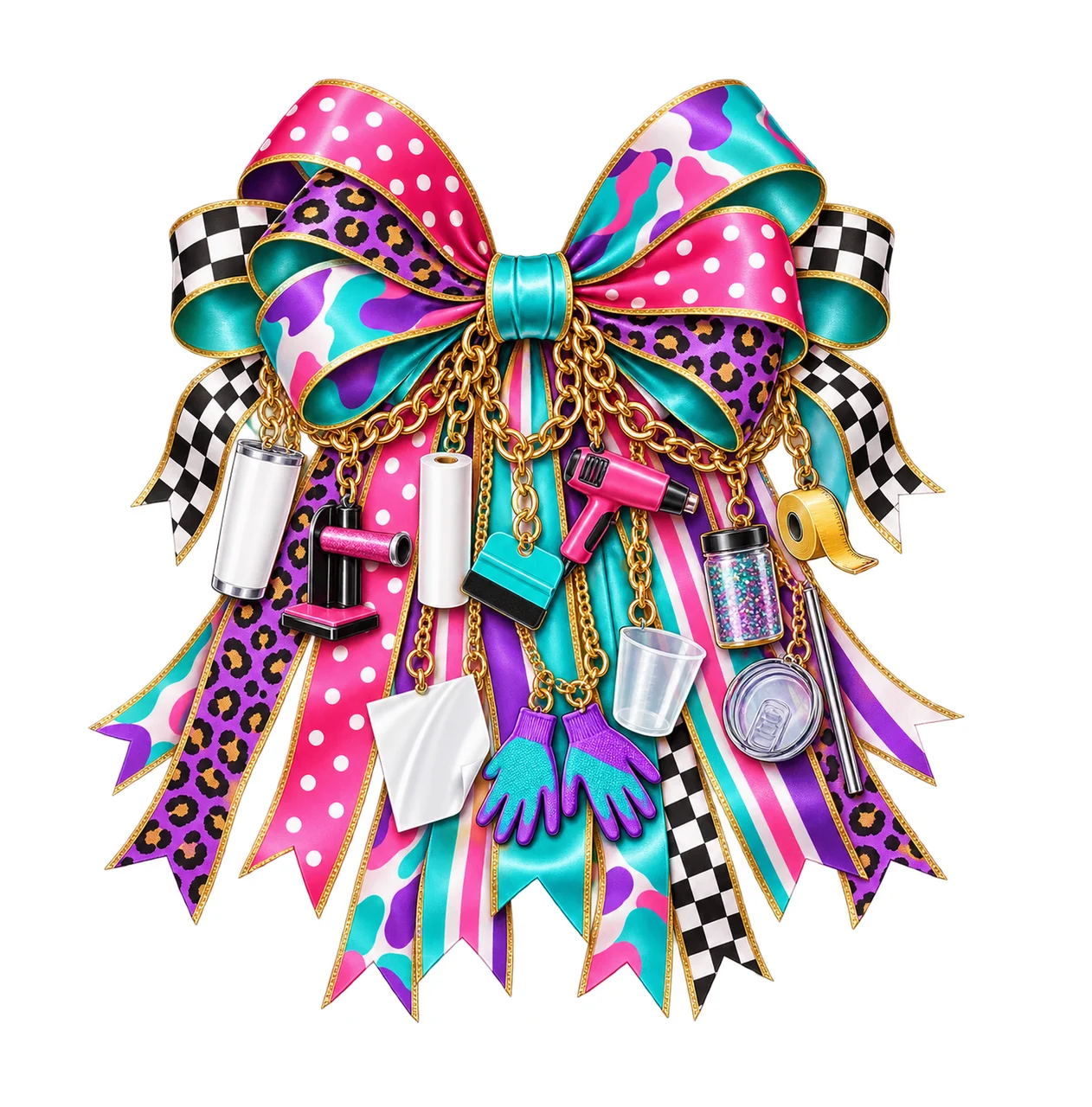 Tumbler Maker Bow Charm PNG, Gold Chain Charms, Transparent Sublimation Design, Digital Download