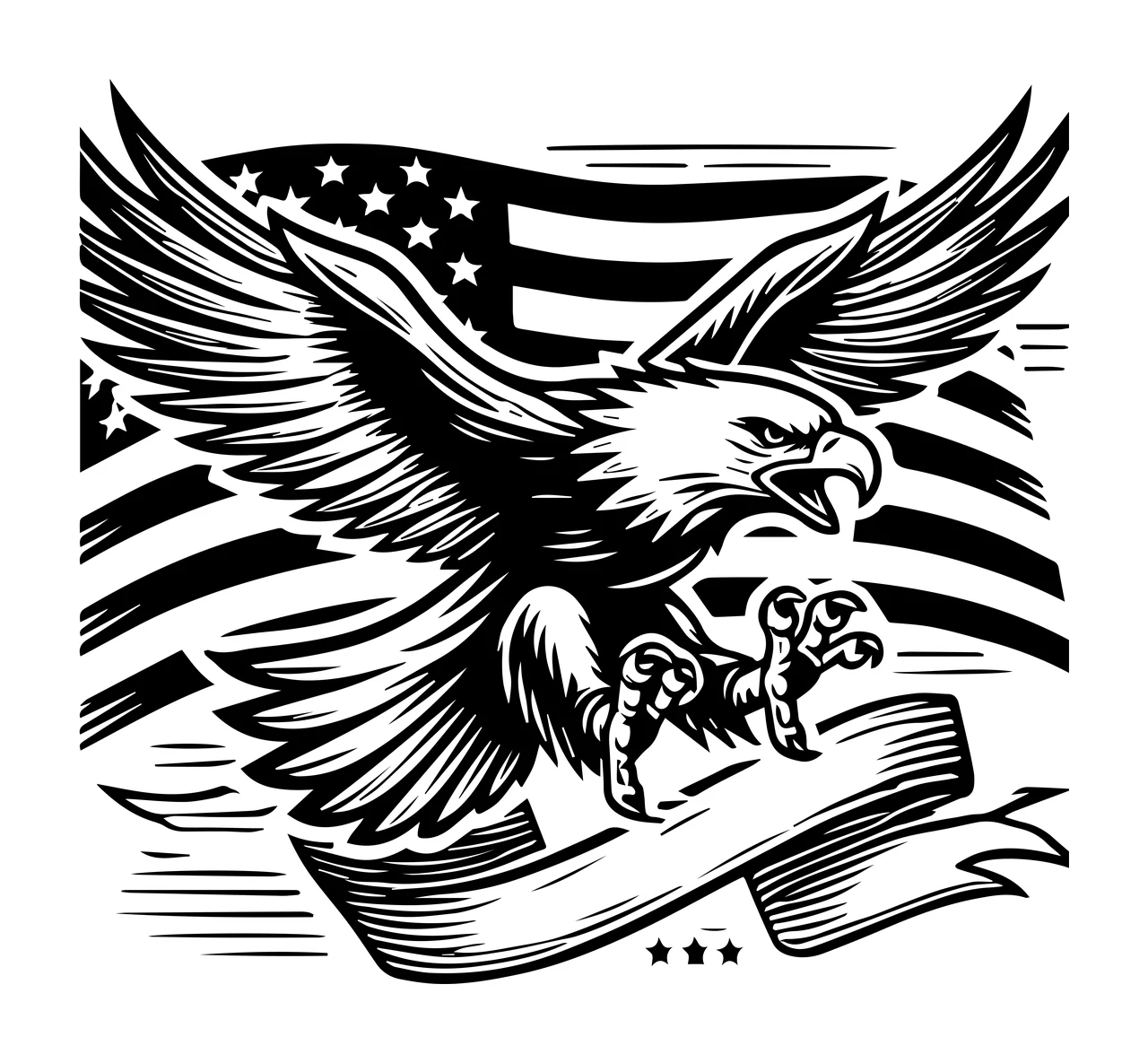 Eagle Flag Soaring American Banner talons wings line drawing