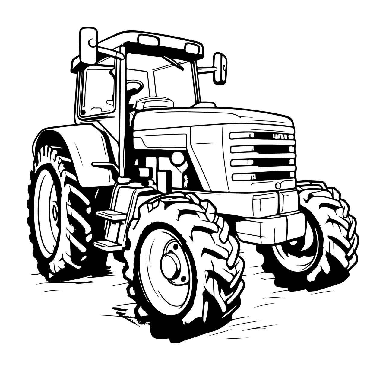 Black And White Line Art Tractor stationary wheels cab grille