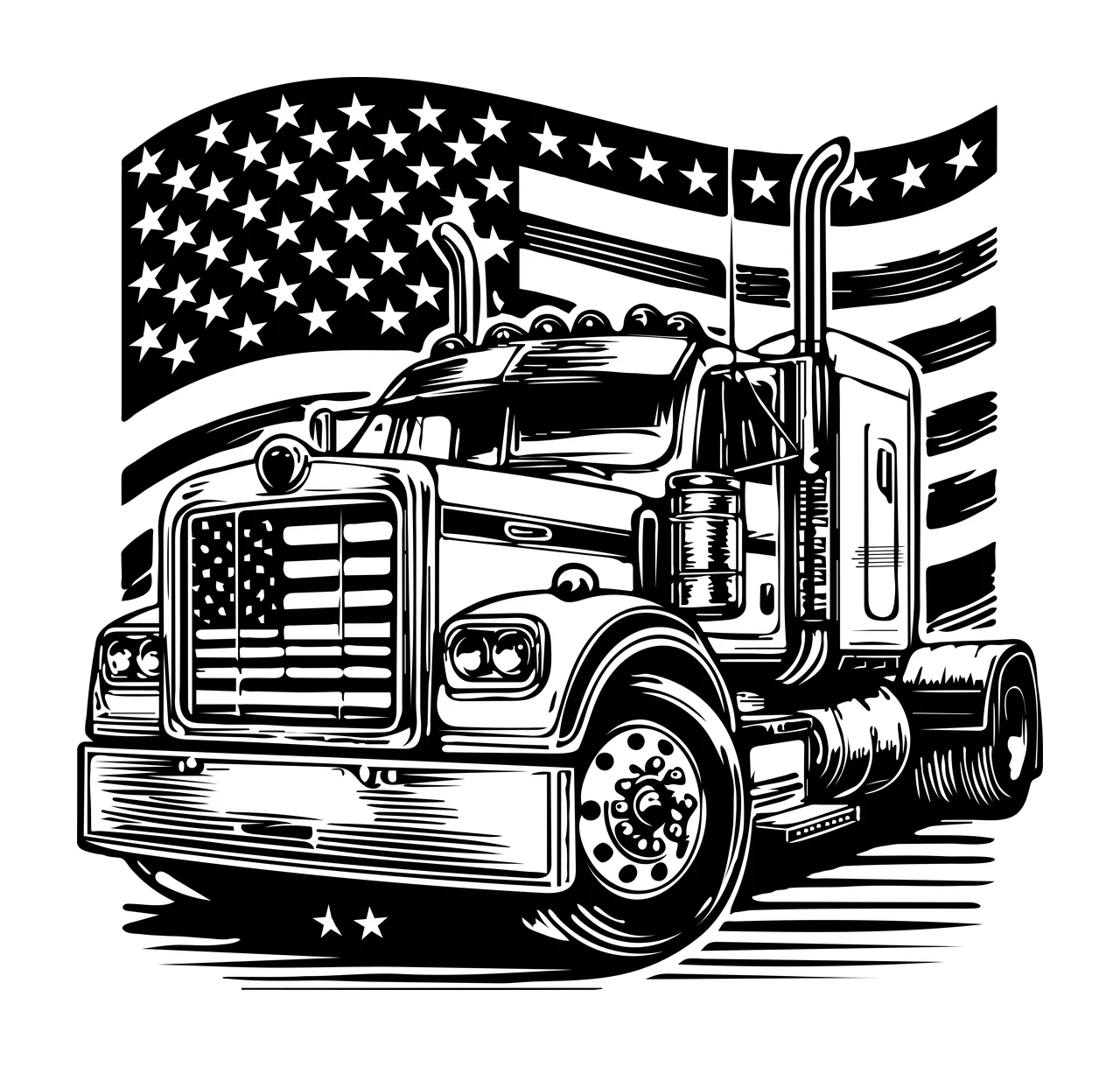 Semi Truck Flag Front View park grille headlights smokestacks