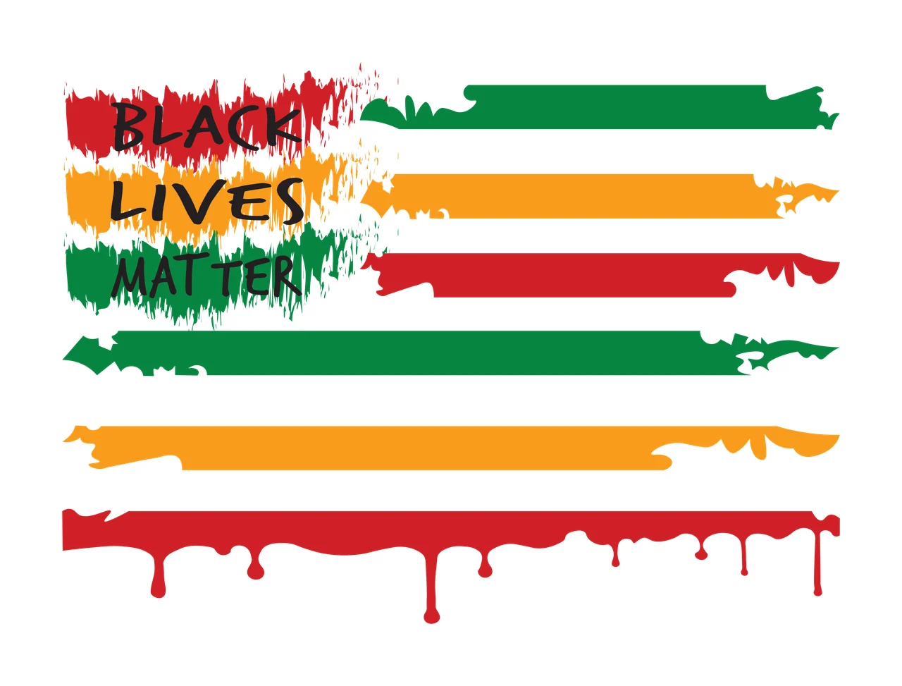 BLACK LIVES MATTER Typography Design with brushstrokes, horizontal stripes, paint drips and black text in red, yellow and green