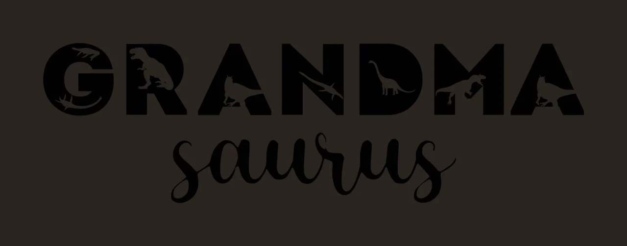 GRANDMA saurus Typography Design with GRANDMA text, dinosaur silhouettes, bold block lettering and cursive script lettering in black and white contrast preview thumbnail