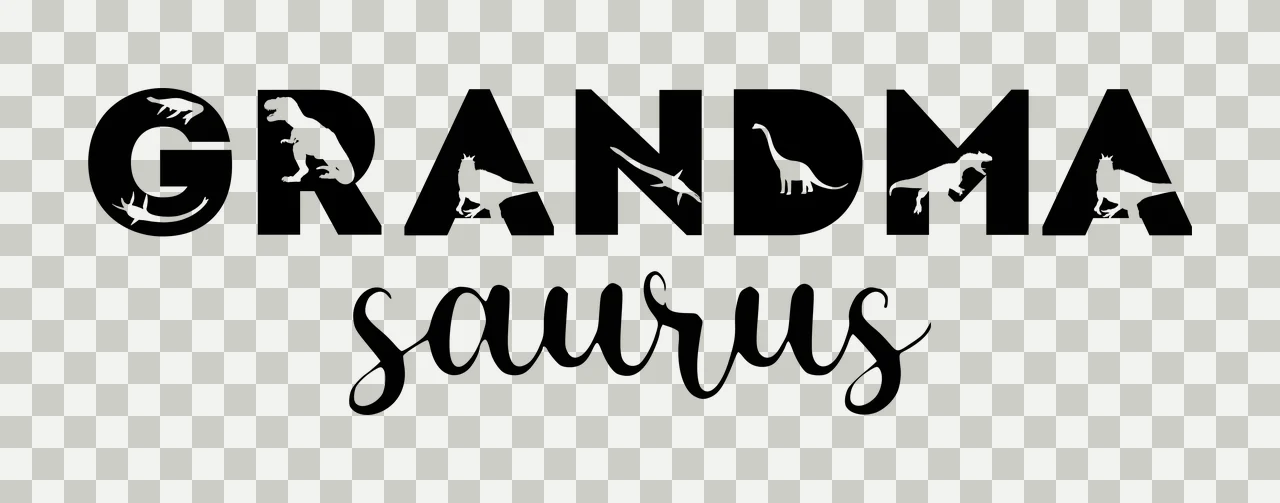 GRANDMA saurus Typography Design with GRANDMA text, dinosaur silhouettes, bold block lettering and cursive script lettering in black and white transparency and detail preview thumbnail
