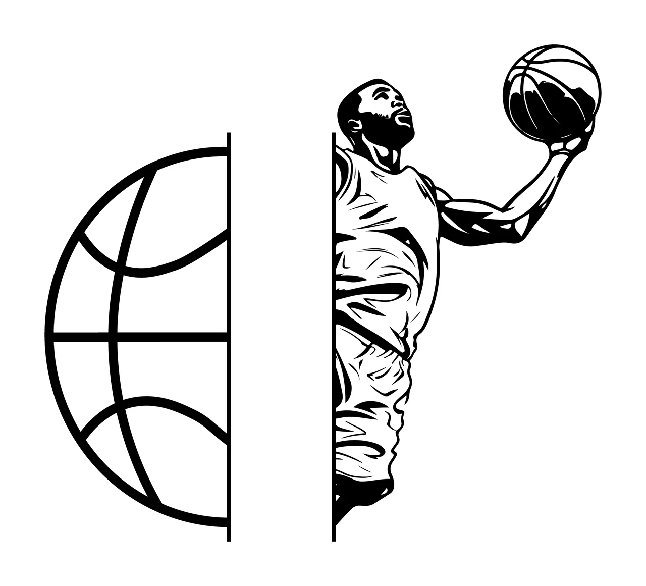 Ball Basketball Player Jumping hoop globe jersey black white