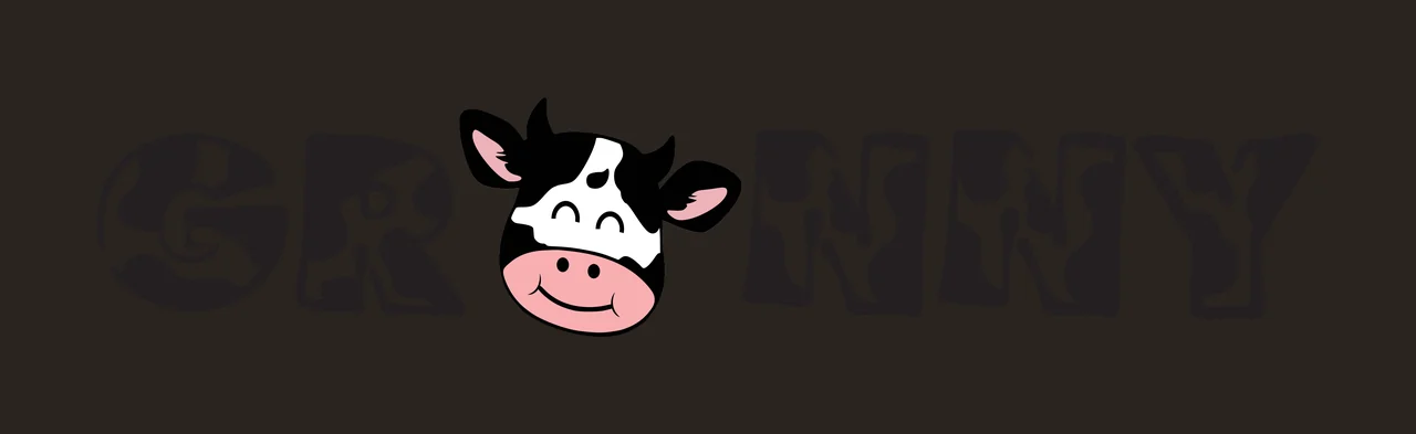 GRANNY typography with cow print lettering, cartoon cow head, black and white spots and pink snout contrast preview thumbnail