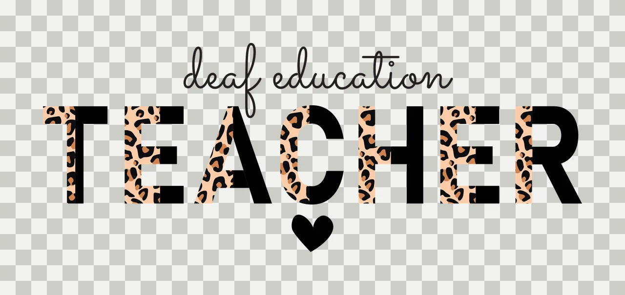 Deaf education TEACHER Typography Design with black bold letters 'TEACHER', leopard print pattern inside letters, cursive text 'deaf education' and black heart symbol in tan and brown transparency and detail preview thumbnail