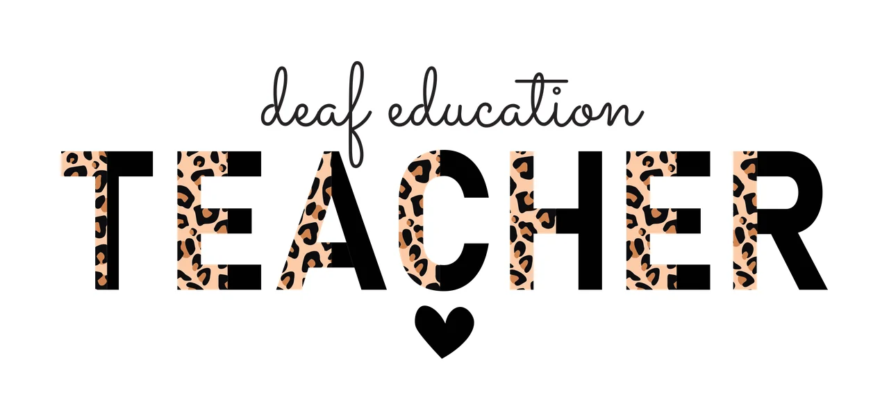 Deaf education TEACHER Typography Design with black bold letters 'TEACHER', leopard print pattern inside letters, cursive text 'deaf education' and black heart symbol in tan and brown