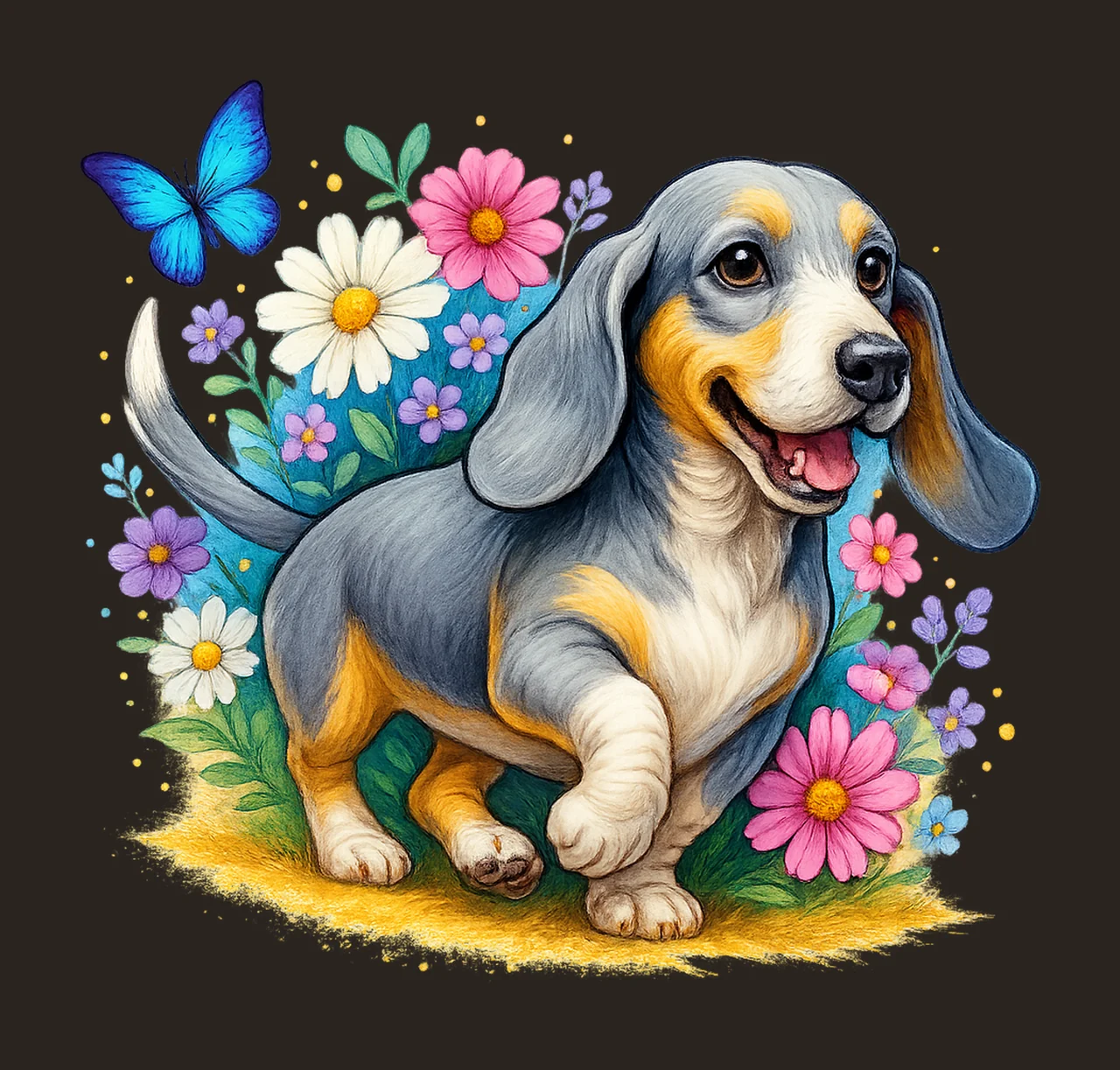 Dog Walking With Butterfly And Flowers In Blue grass animal contrast preview thumbnail