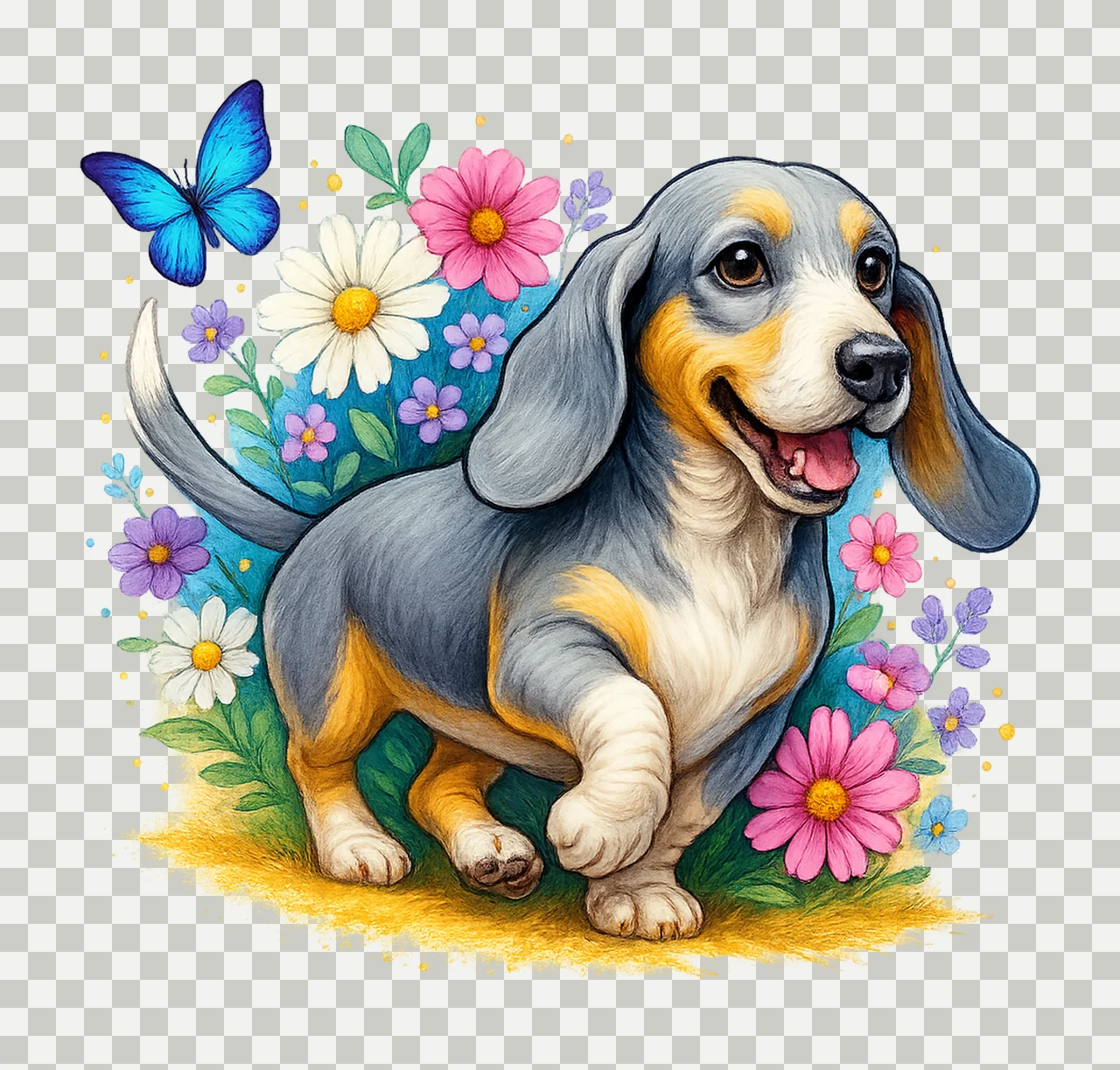 Dog Walking With Butterfly And Flowers In Blue grass animal transparency and detail preview thumbnail