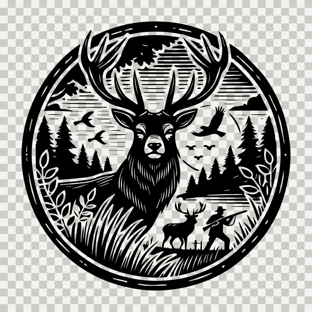 Deer Emblem In Black And White standing hunter trees birds transparency and detail preview thumbnail