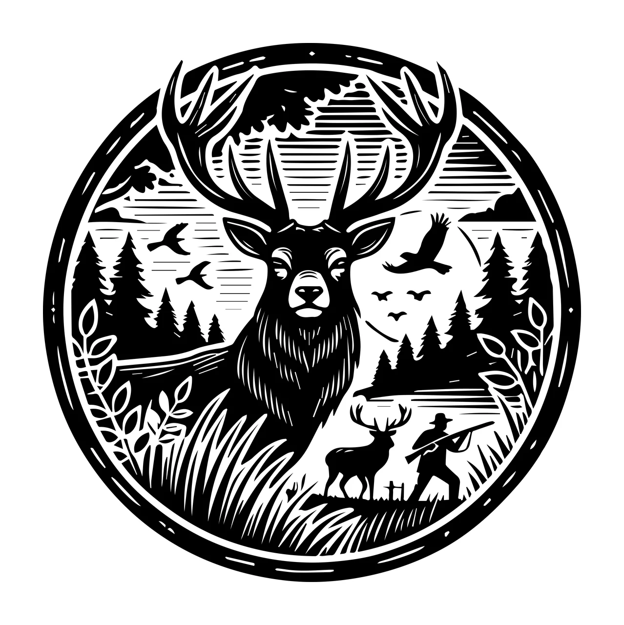 Deer Emblem In Black And White standing hunter trees birds