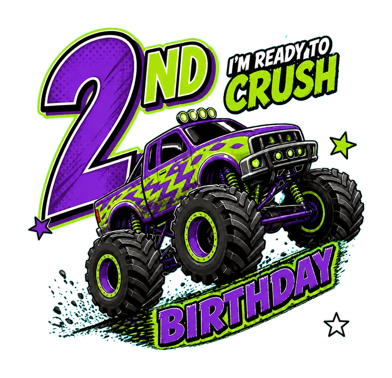 1 Monster Truck Birthday PNG, I'm Ready to Crush 2nd Birthday Sublimation Design, Purple Green Truck Boy Shirt Clipart Download PNG File