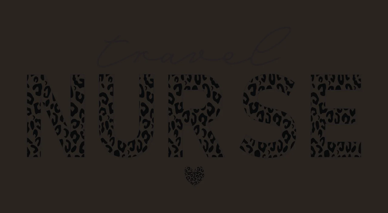 Travel NURSE Typography Design with leopard print letters N U R S E, cursive word 'travel' and small leopard print heart in black and white contrast preview thumbnail