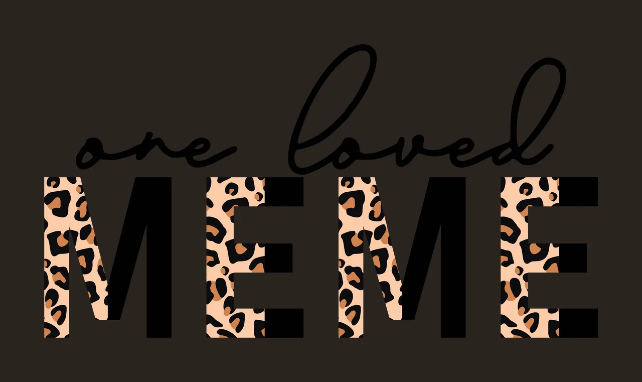 One loved MEME Typography Design with cursive text 'one loved', block letters 'MEME' with leopard pattern fill and leopard print pattern in black, tan and brown contrast preview thumbnail