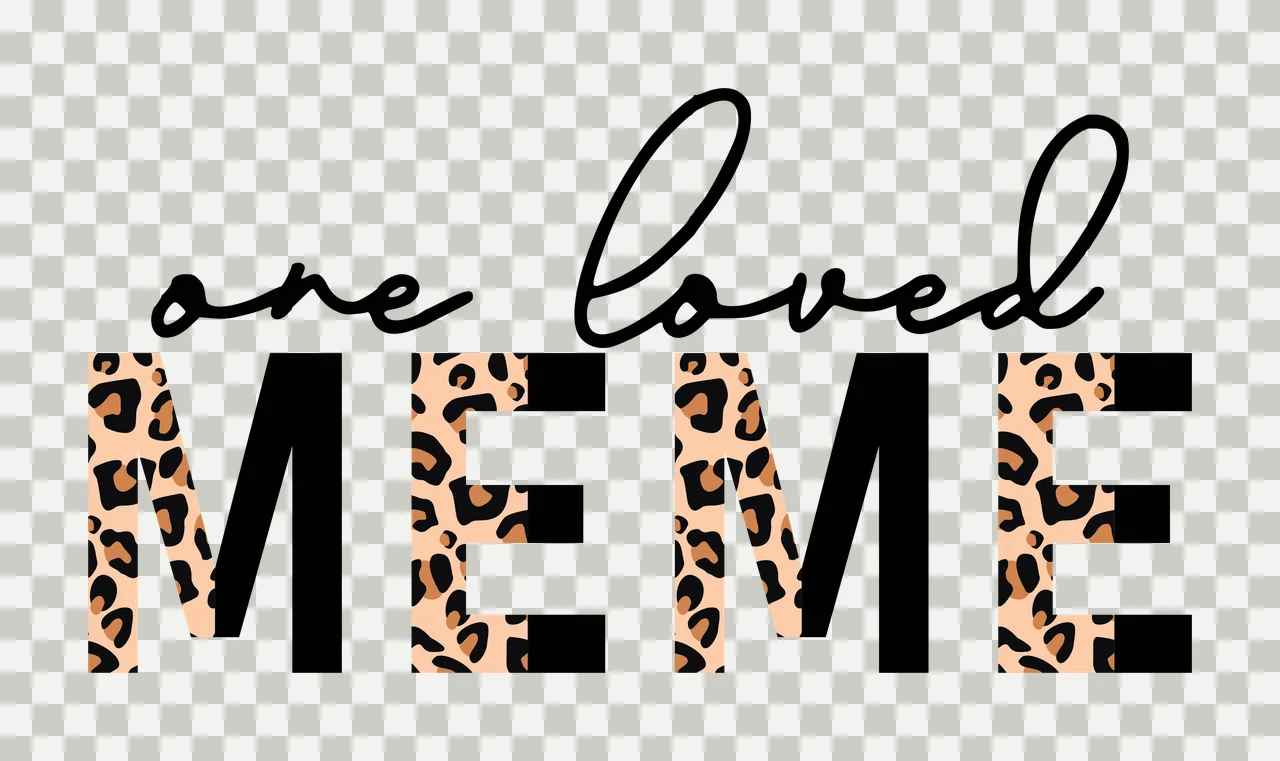 One loved MEME Typography Design with cursive text 'one loved', block letters 'MEME' with leopard pattern fill and leopard print pattern in black, tan and brown transparency and detail preview thumbnail
