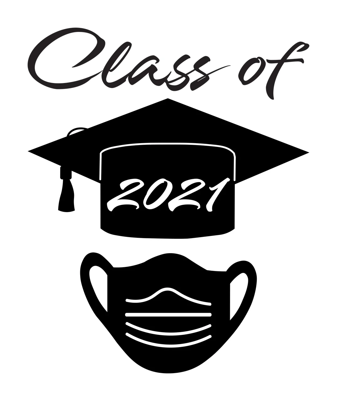 Class of 2021 Typography Design with black graduation cap with tassel, white '2021' text on cap and black face mask with white lines