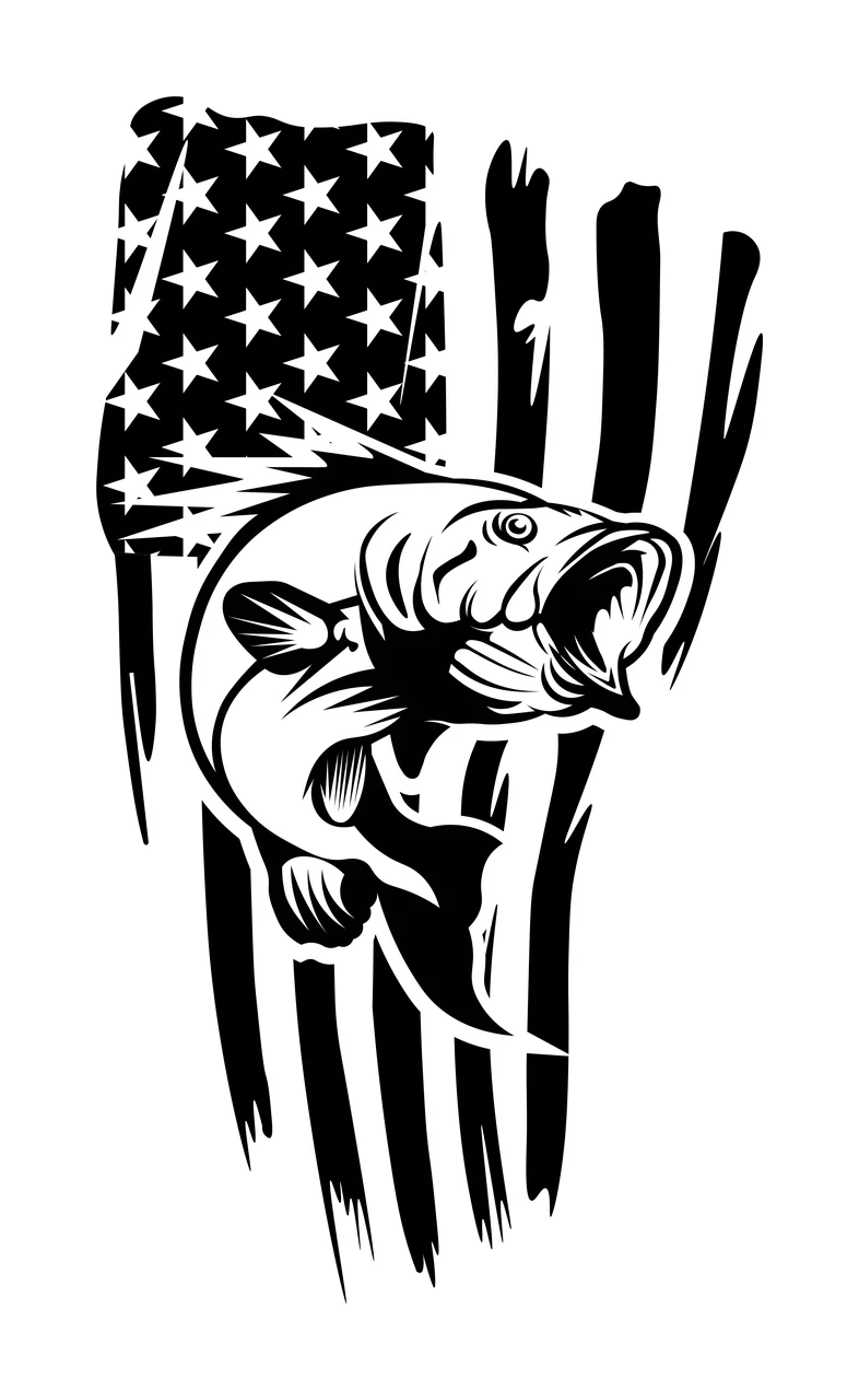 Bass Fish Jumping Over Flag Graphic stars stripes black white