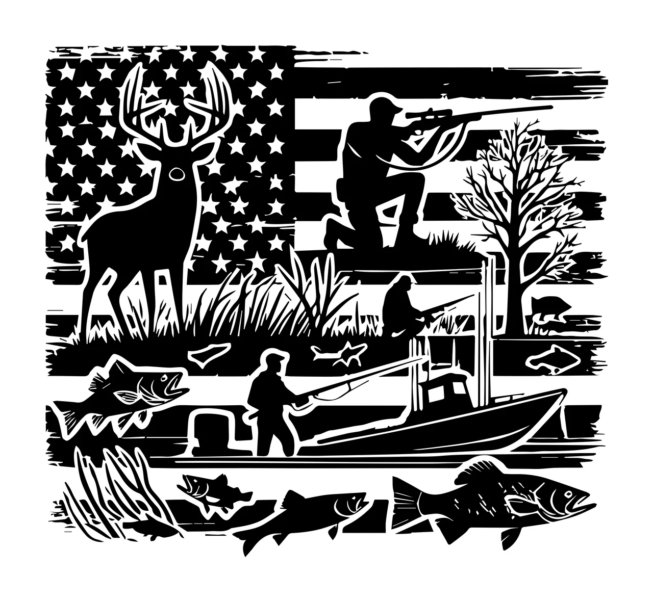 Hunting Outdoor Activities On American Flag Silhouette recreation
