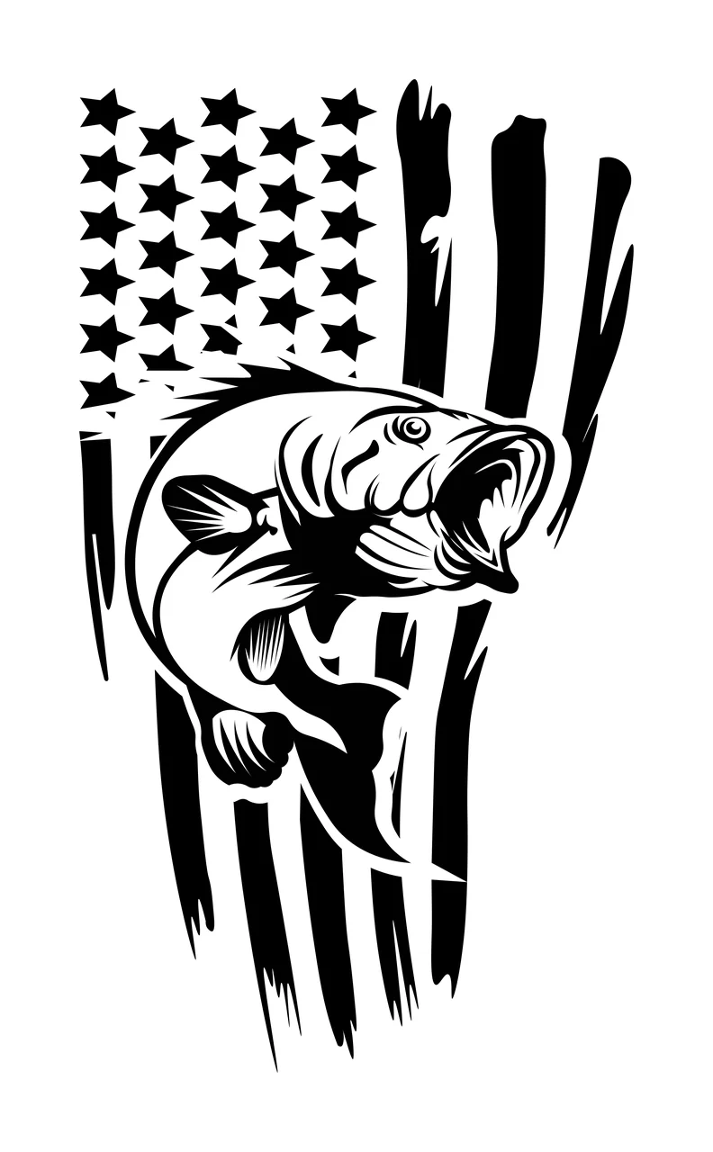 Bass Fish Jumping Over Flag Graphic stars stripes black Variation