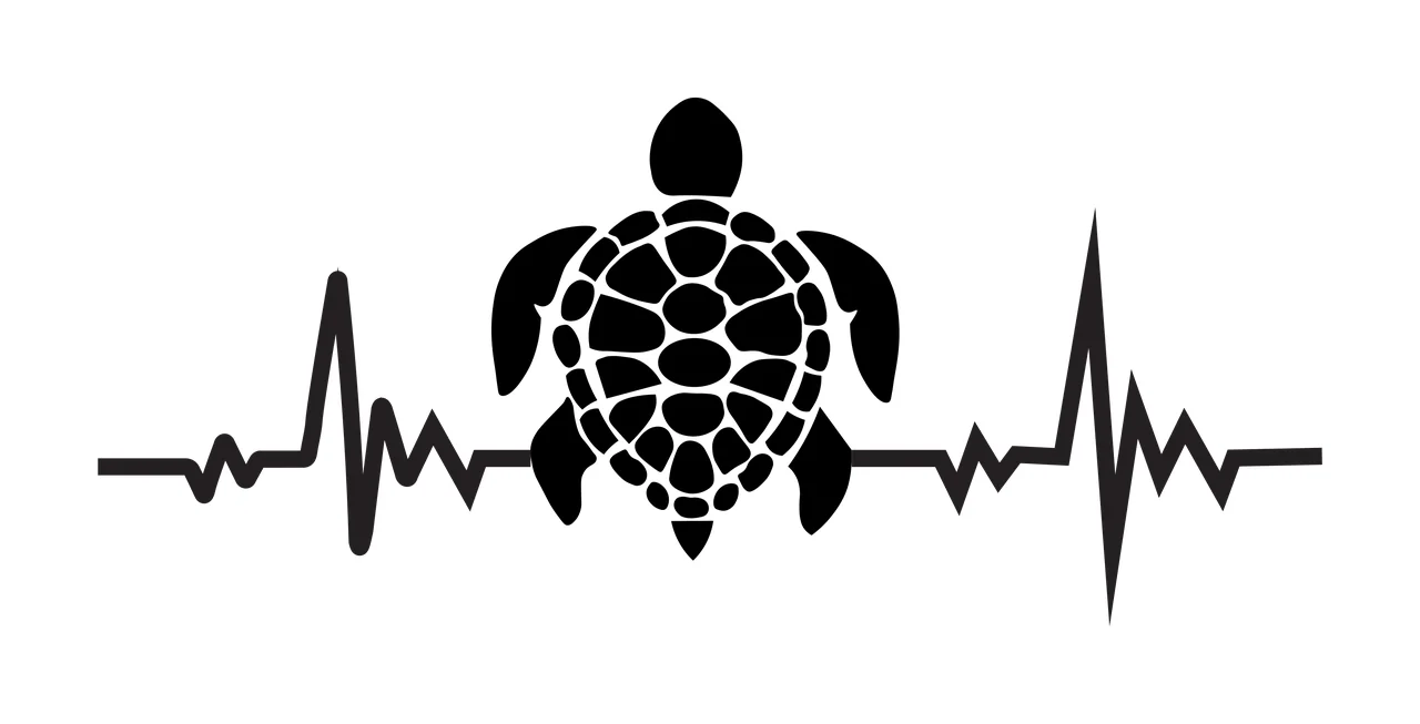 Silhouette Design of sea turtle with heartbeat line, EKG pulse, ECG line and shell pattern in black and white