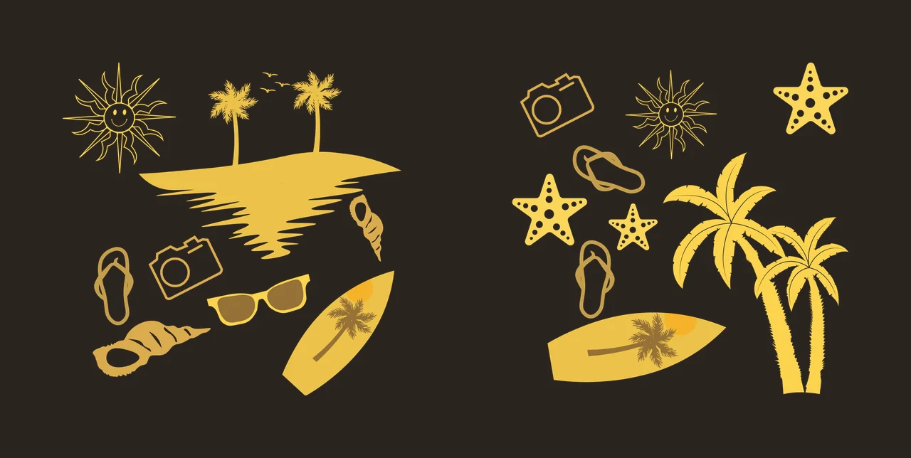 Collection Black Beach Vacation Travel Icons Collage summer items contrast preview thumbnail