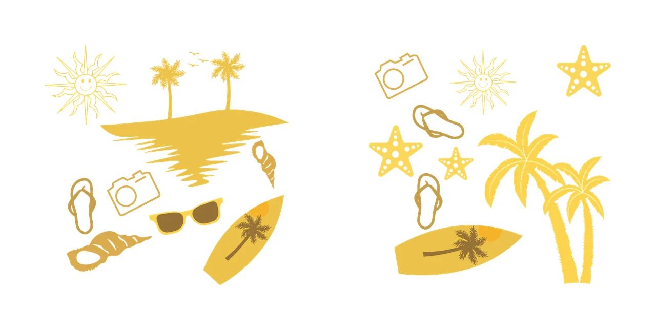 Collection Black Beach Vacation Travel Icons Collage summer items