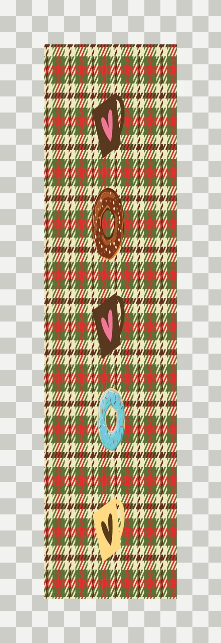 Repeating pattern of mugs and donuts on plaid background Illustration with brown mug with pink heart, chocolate donut with white sprinkles, blue donut with white sprinkles and yellow mug with black transparency and detail preview thumbnail