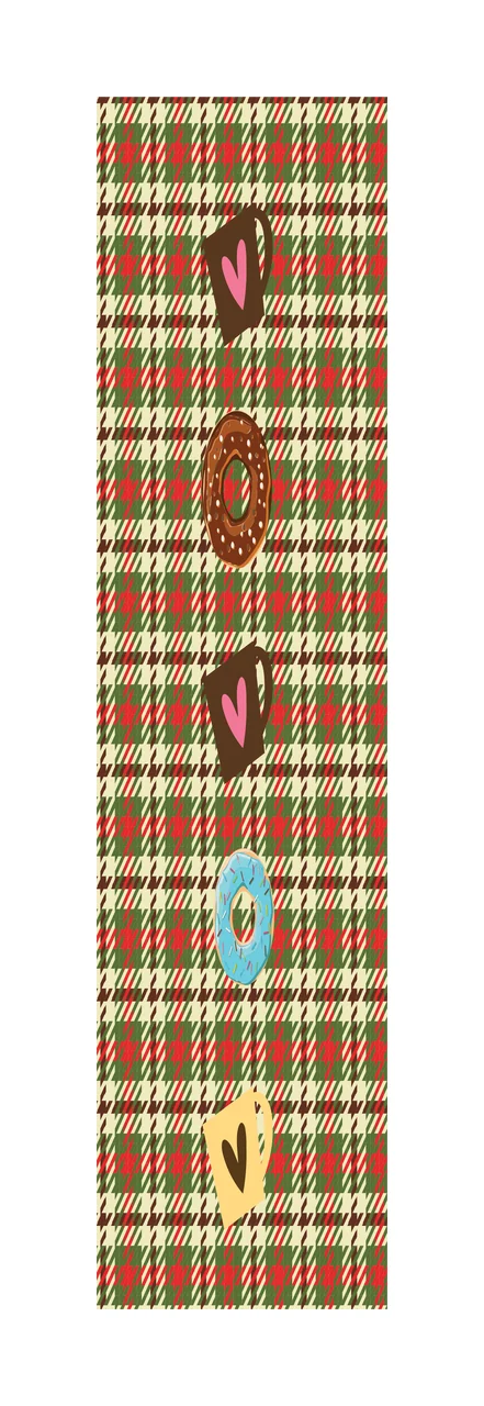 Repeating pattern of mugs and donuts on plaid background Illustration with brown mug with pink heart, chocolate donut with white sprinkles, blue donut with white sprinkles and yellow mug with black