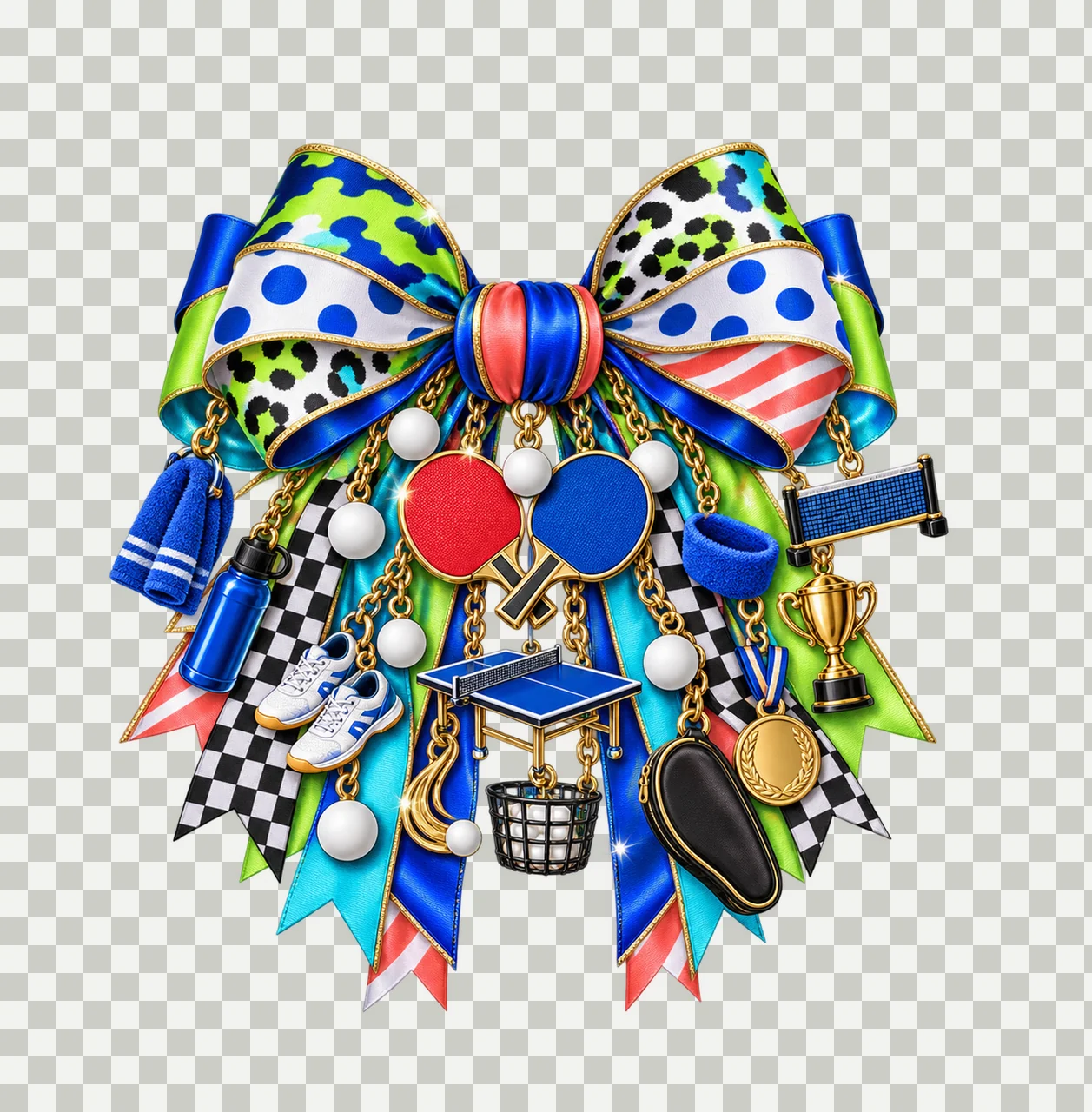 Table Tennis Player Bow Charm PNG, Themed Gold Chain Charms, Coquette Ribbon Sublimation Design, Transparent Digital Download transparency and detail preview thumbnail