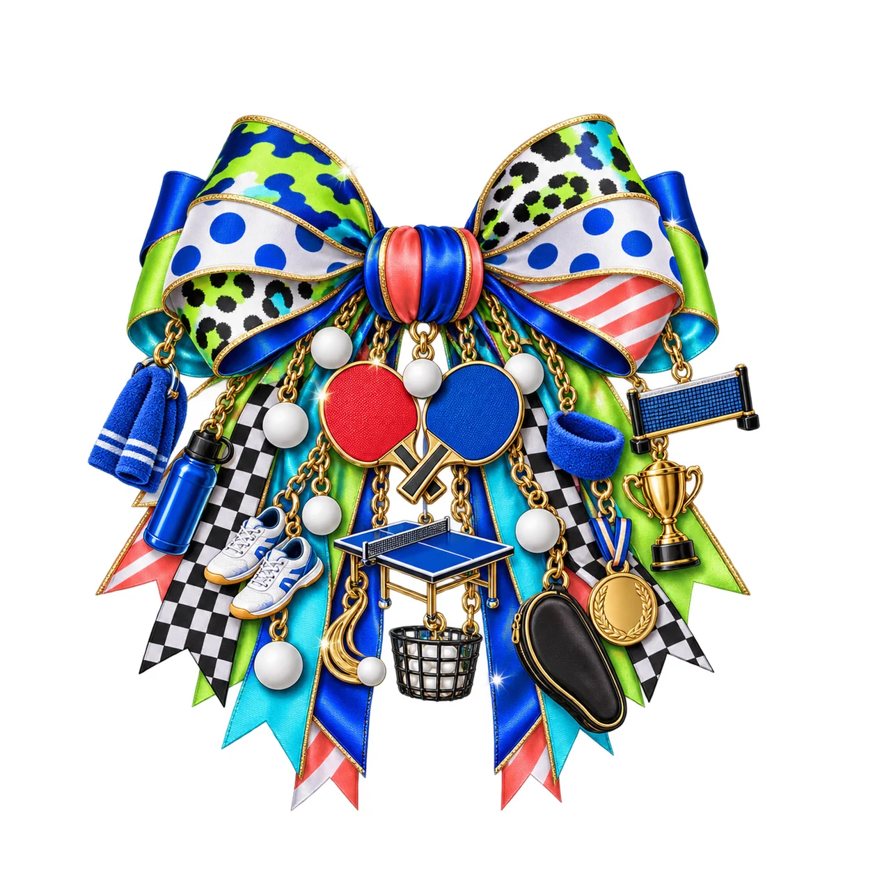 Table Tennis Player Bow Charm PNG, Themed Gold Chain Charms, Coquette Ribbon Sublimation Design, Transparent Digital Download