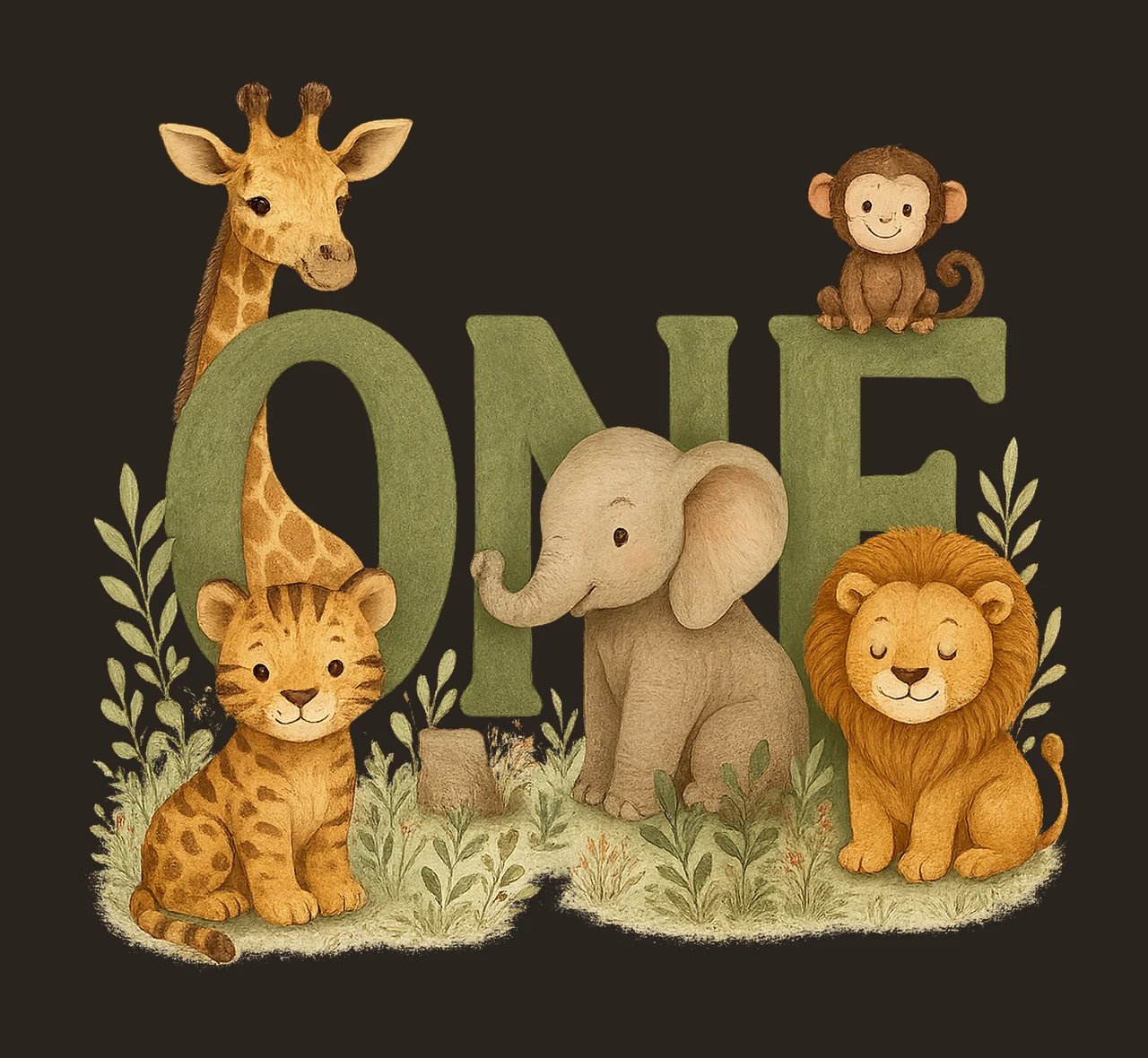 Wild One Safari Birthday Jungle Animals Artwork Kids Party contrast preview thumbnail