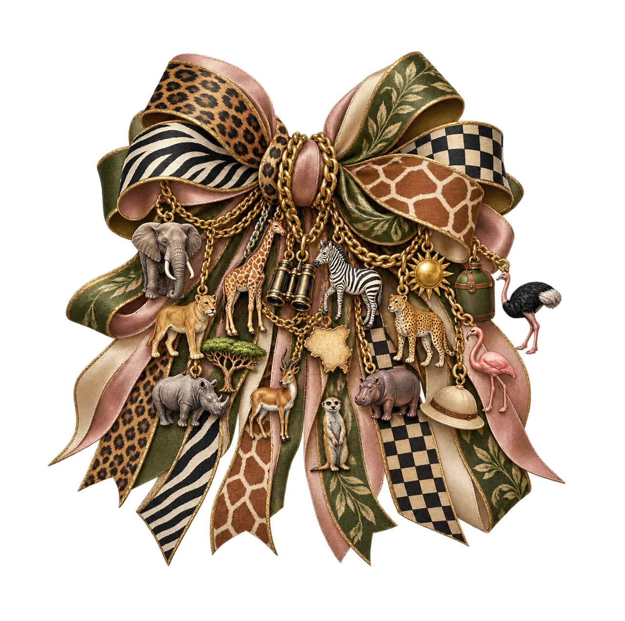 Realistic Safari Bow 1 Bow Charm PNG, Patterned Boutique Ribbon Clipart, Transparent Sublimation Digital Download