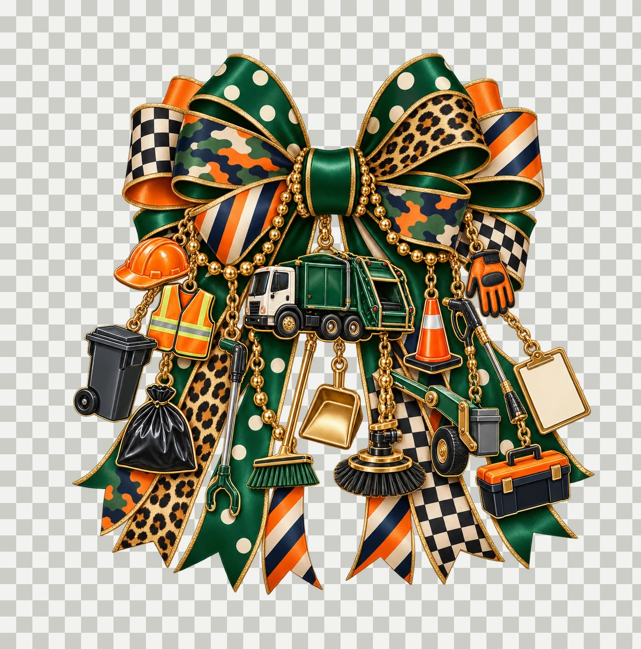 Sanitation Worker Bow Charm PNG, Themed Gold Chain Charms, Coquette Ribbon Sublimation Design, Transparent Digital Download transparency and detail preview thumbnail