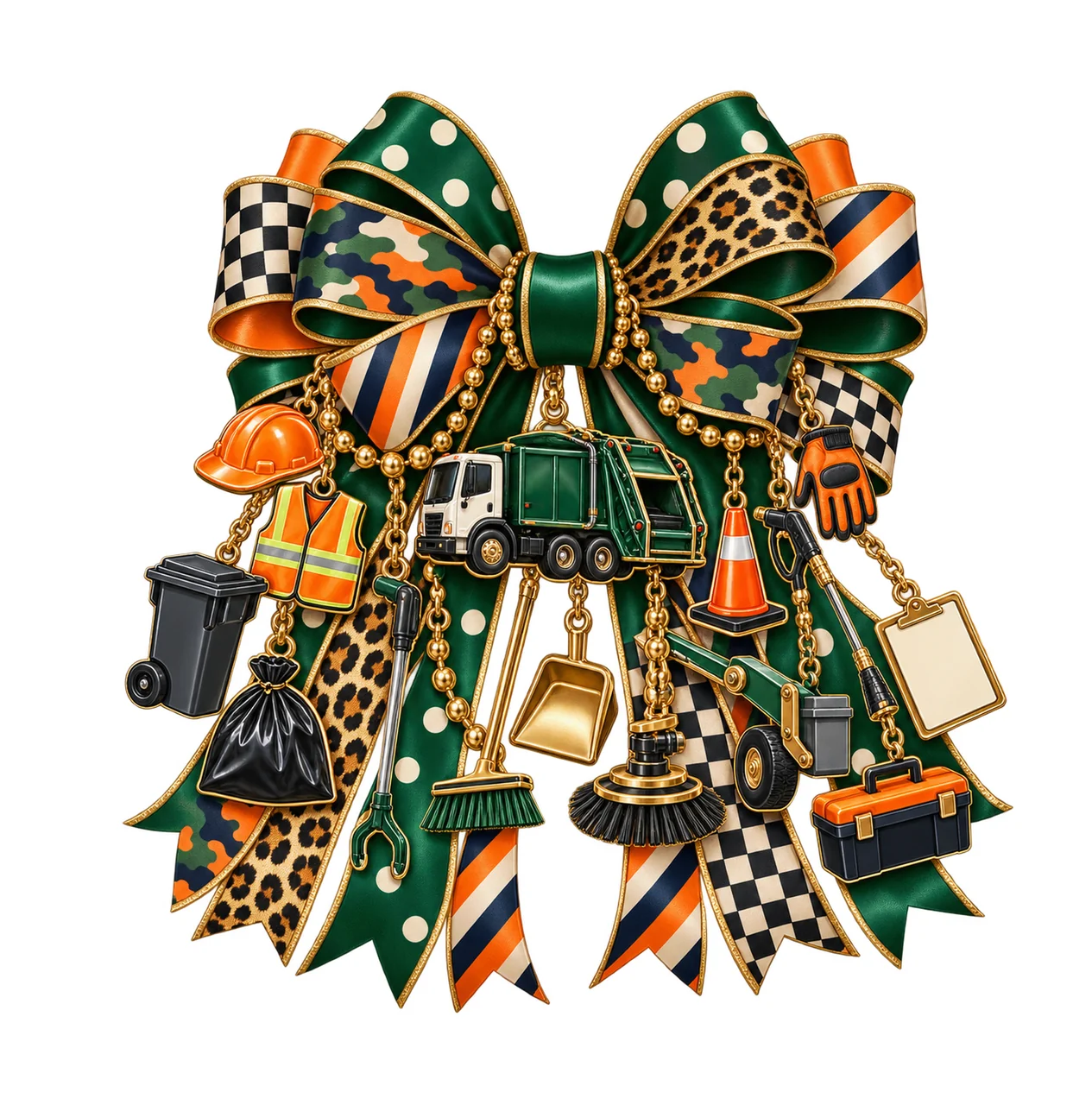 Sanitation Worker Bow Charm PNG, Themed Gold Chain Charms, Coquette Ribbon Sublimation Design, Transparent Digital Download