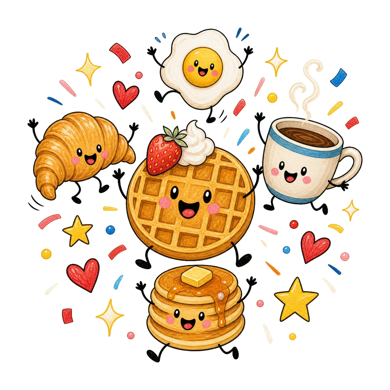 Happy Breakfast Food Doodle Cute Smiling Variation C