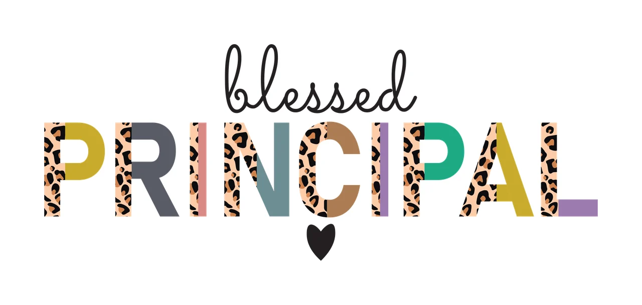 Blessed PRINCIPAL Typography Design with cursive script font, block letters, leopard print pattern and heart icon in black, tan and grey