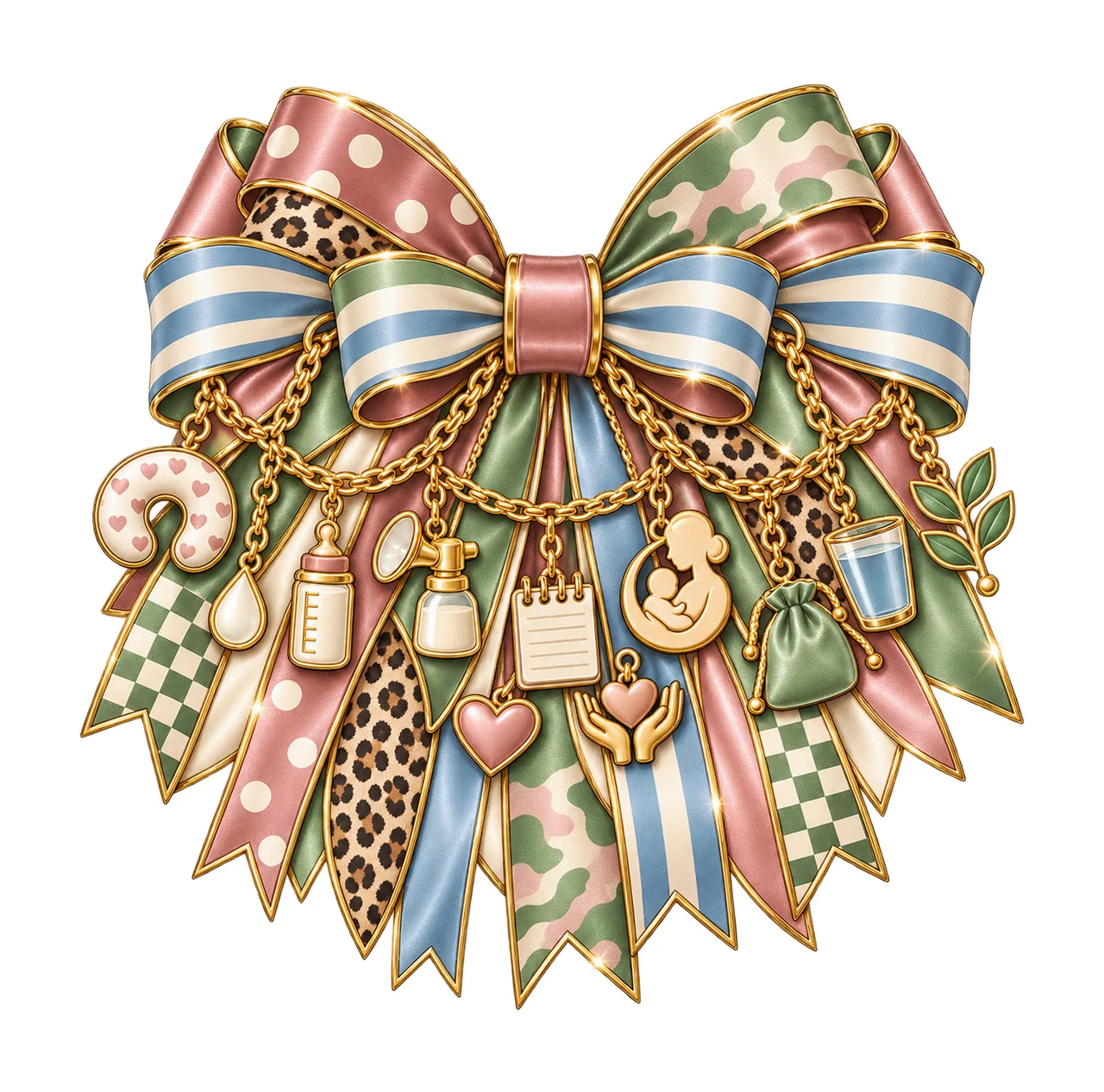 Lactation Consultant Bow Charm PNG, Gold Chain Charms, Transparent Sublimation Design, Digital Download