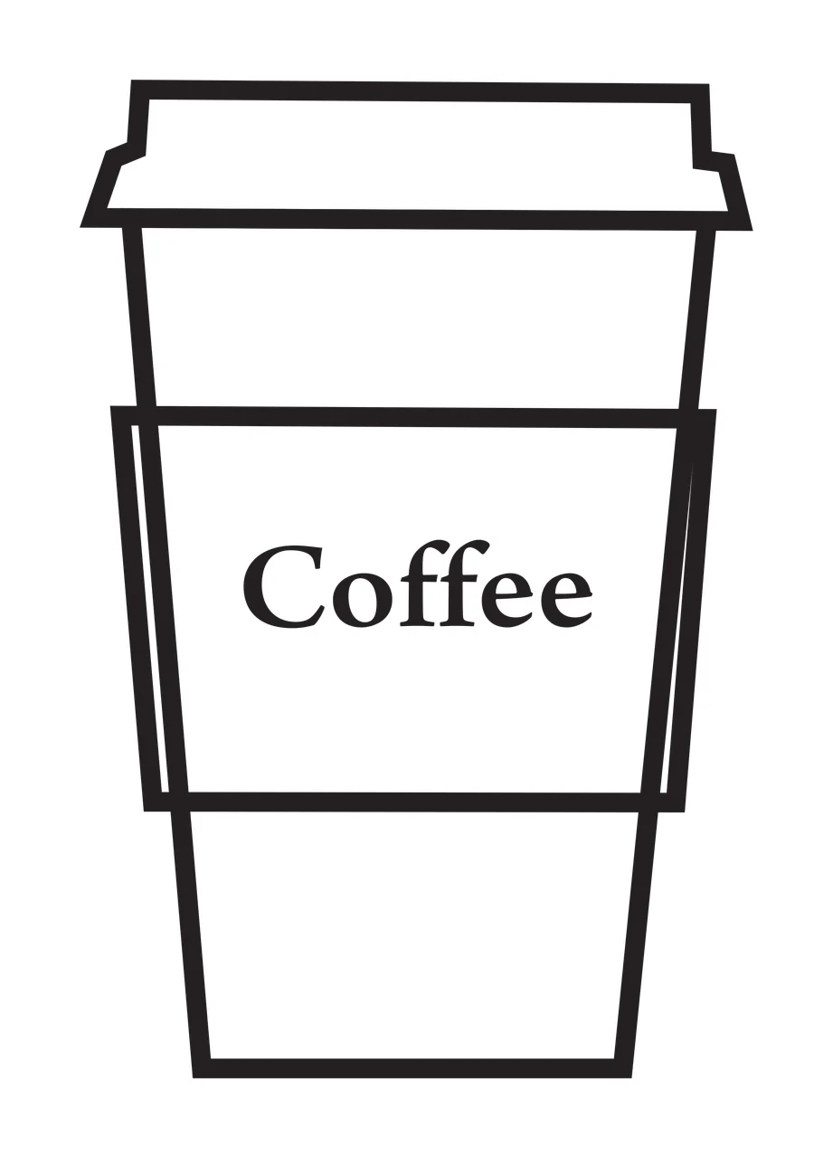 Coffee Coffee cup Design with black outline coffee cup, lid, white cup body and black 'Coffee' text