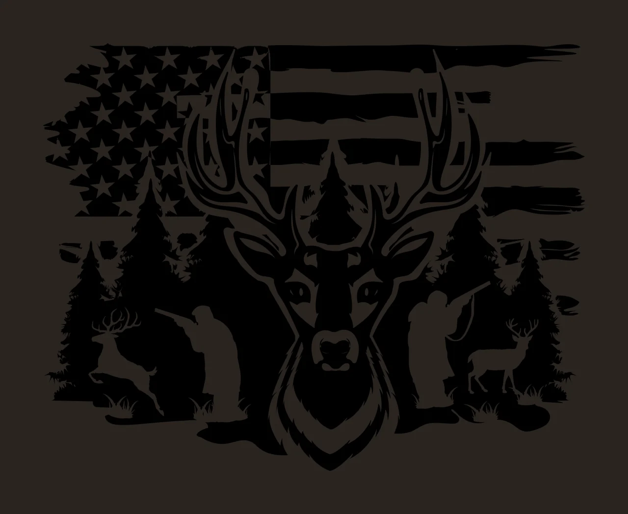 Deer Head And Flag Silhouette standing trees hunters black contrast preview thumbnail